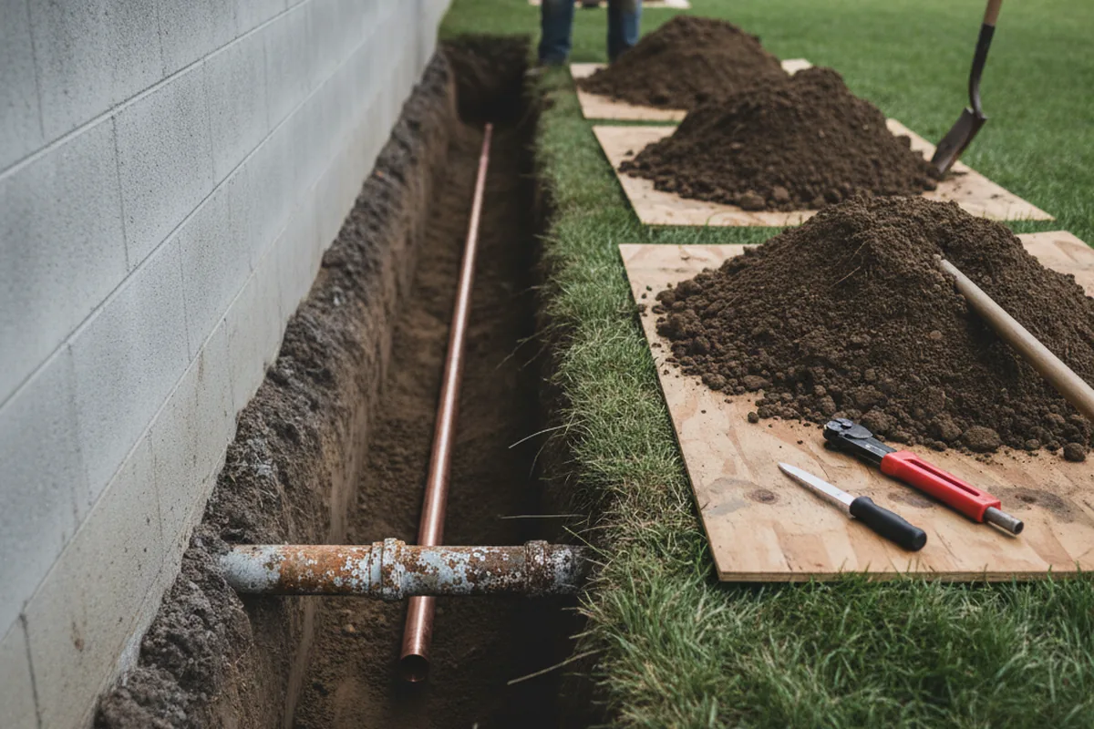 Excavated water line trench during Water Heater Repair in Arma